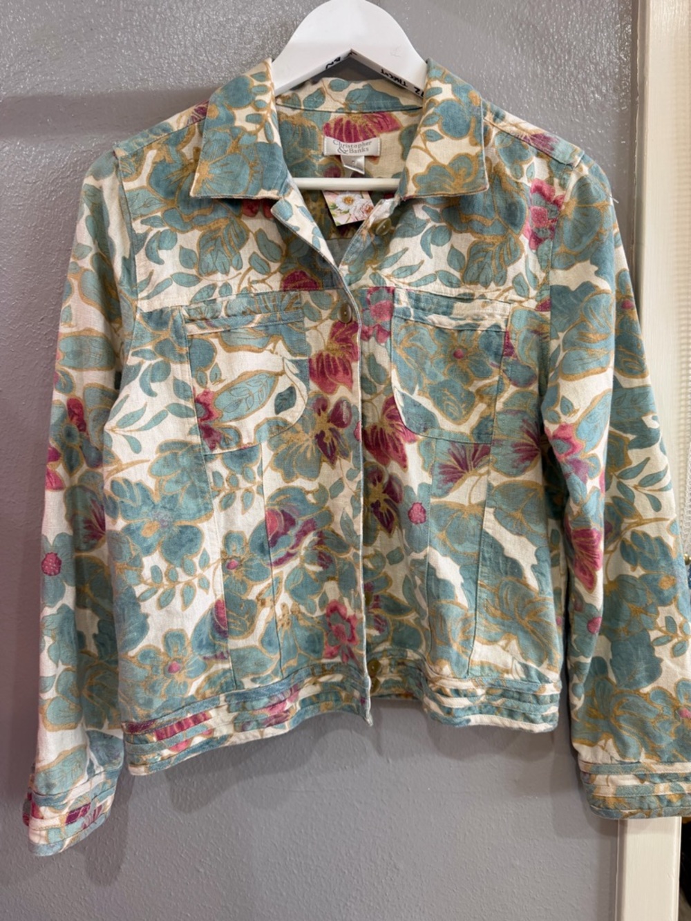 Christopher & Banks Floral Jean Jacket in Teal, Pink & Cream